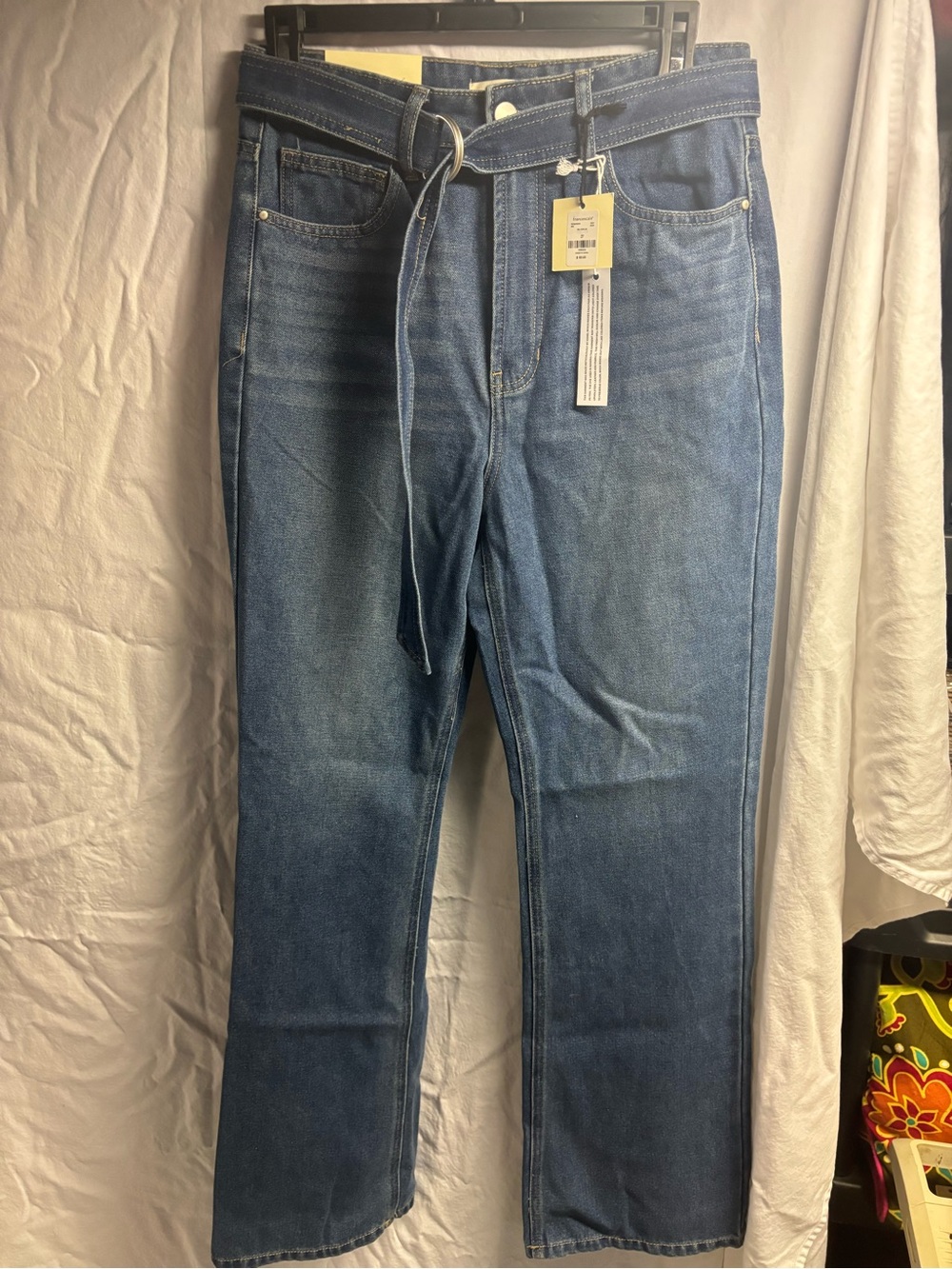 High-Rise Women's Jeans in Medium Blue with Waist Tie